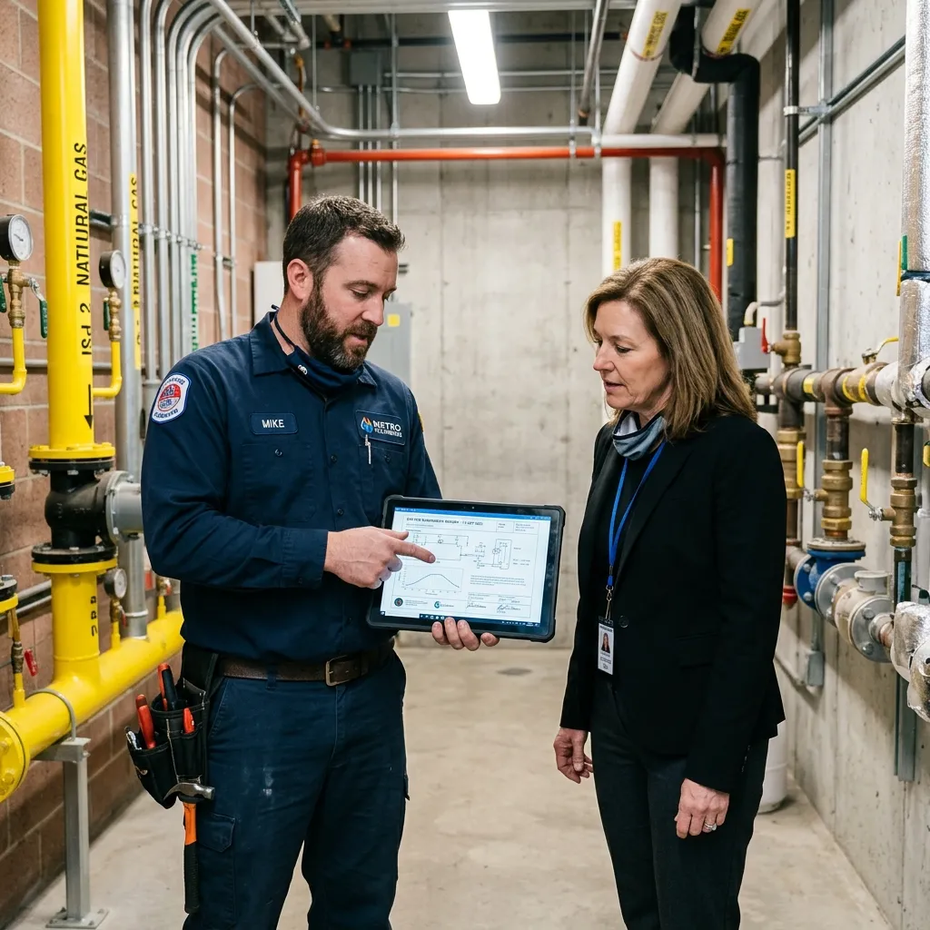 Licensed plumber explaining a gas system report on a tablet to a building owner