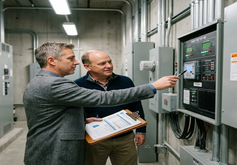 Building manager and consultant reviewing ENERGY STAR Portfolio Manager compliance filings and smart utility meters