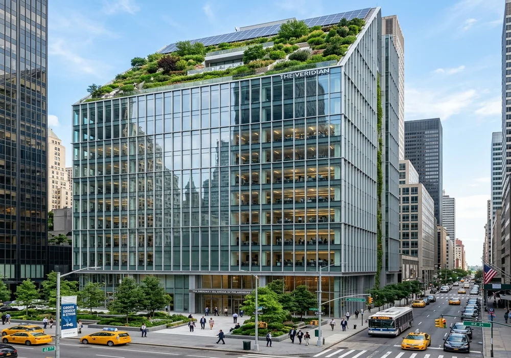 Modern energy-efficient commercial real estate building with glass facade and green rooftop