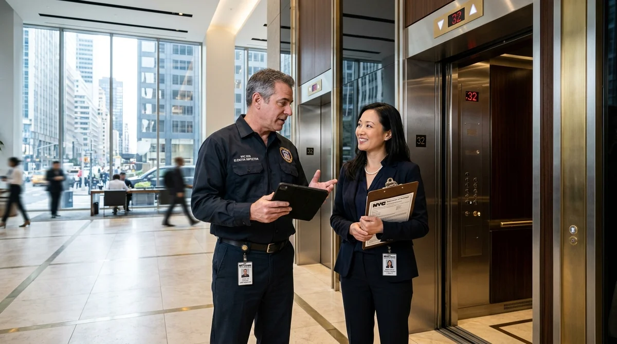 Licensed NYC Elevator Inspector and Building Property Manager Reviewing DOB NOW Elevator Compliance Records in Commercial Building Lobby
