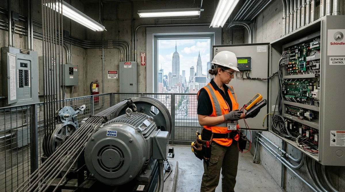 Elevator Safety Inspector Testing Hoist Motor, Brake Governors, and Electrical Panels in NYC High-Rise Machine Room