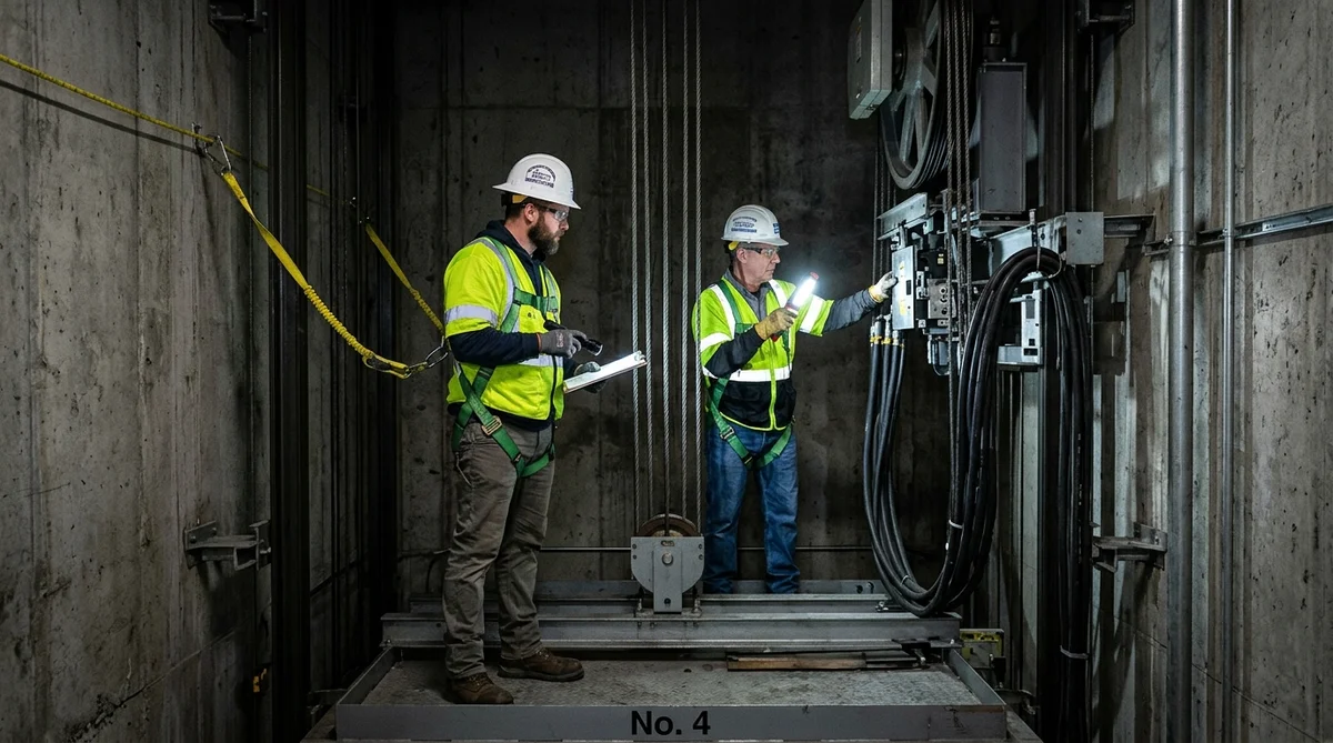Elevator Technician in High-Vis Vest and Hard Hat Inspecting Car-Top Safeties and Traveling Cables in NYC Commercial Hoistway