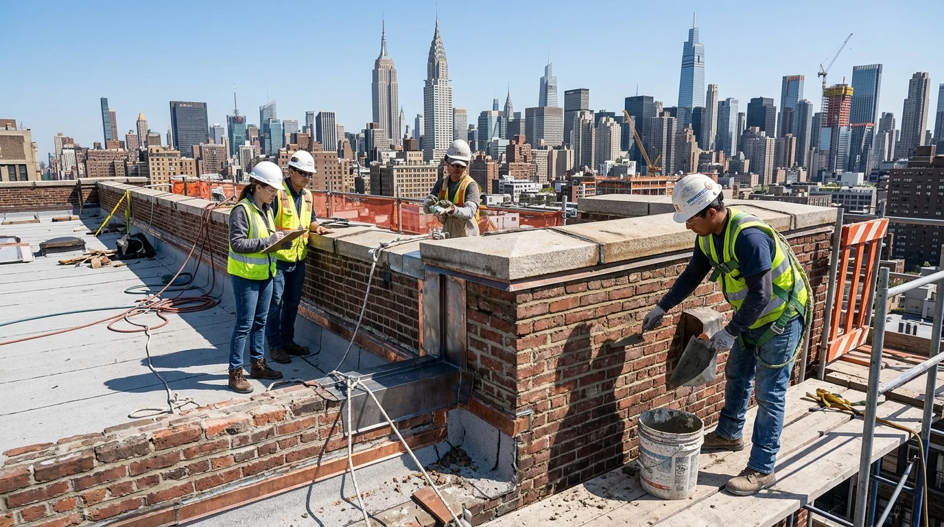 Building Envelope Restoration Crew Rebuilding Brick Parapet and Waterproof Flashing on NYC Commercial Building Rooftop