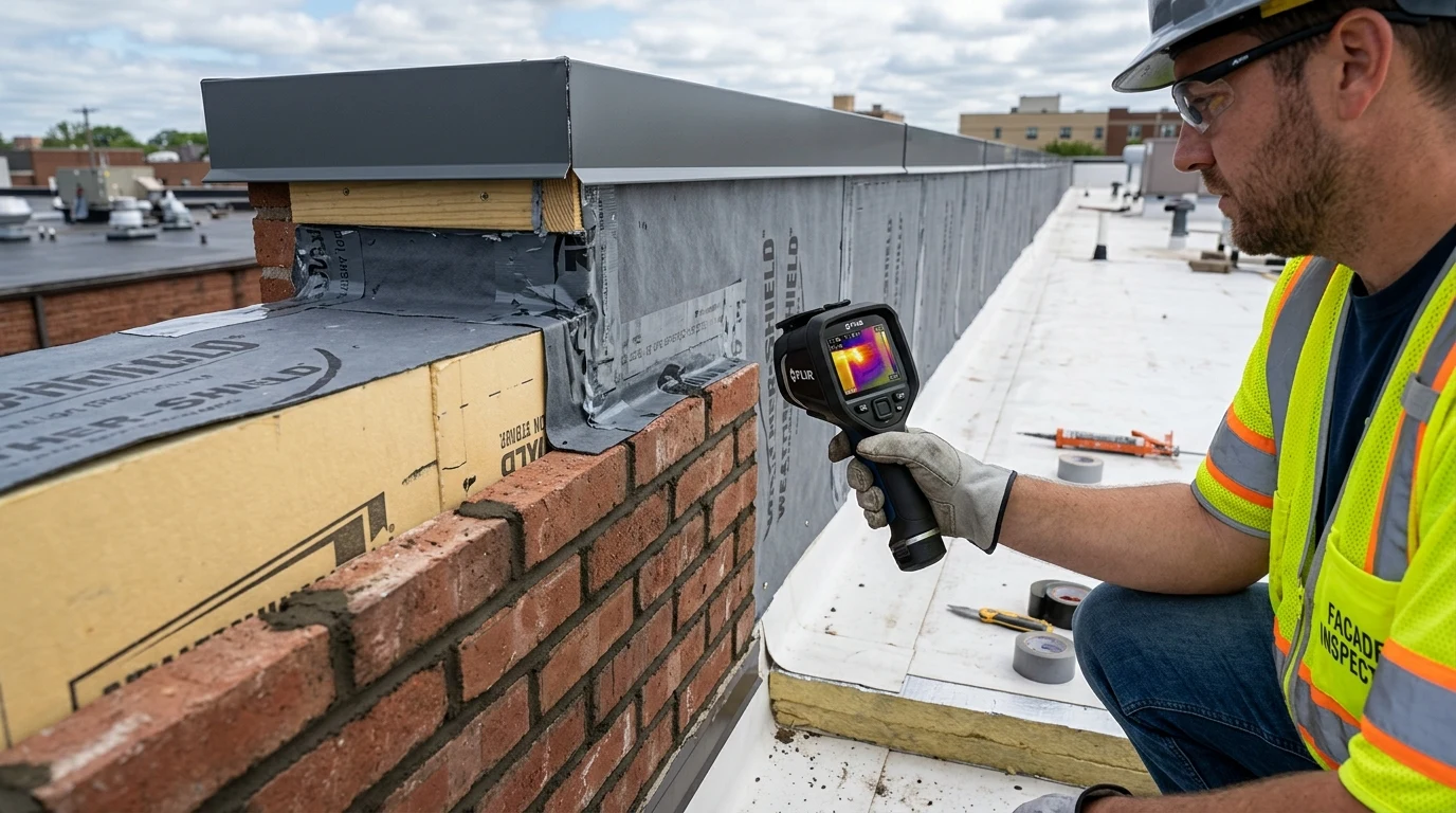 Building Envelope Engineer Inspecting Commercial Parapet Wall Insulation, Air Barrier, and Thermal Bridge with Infrared Thermal Camera