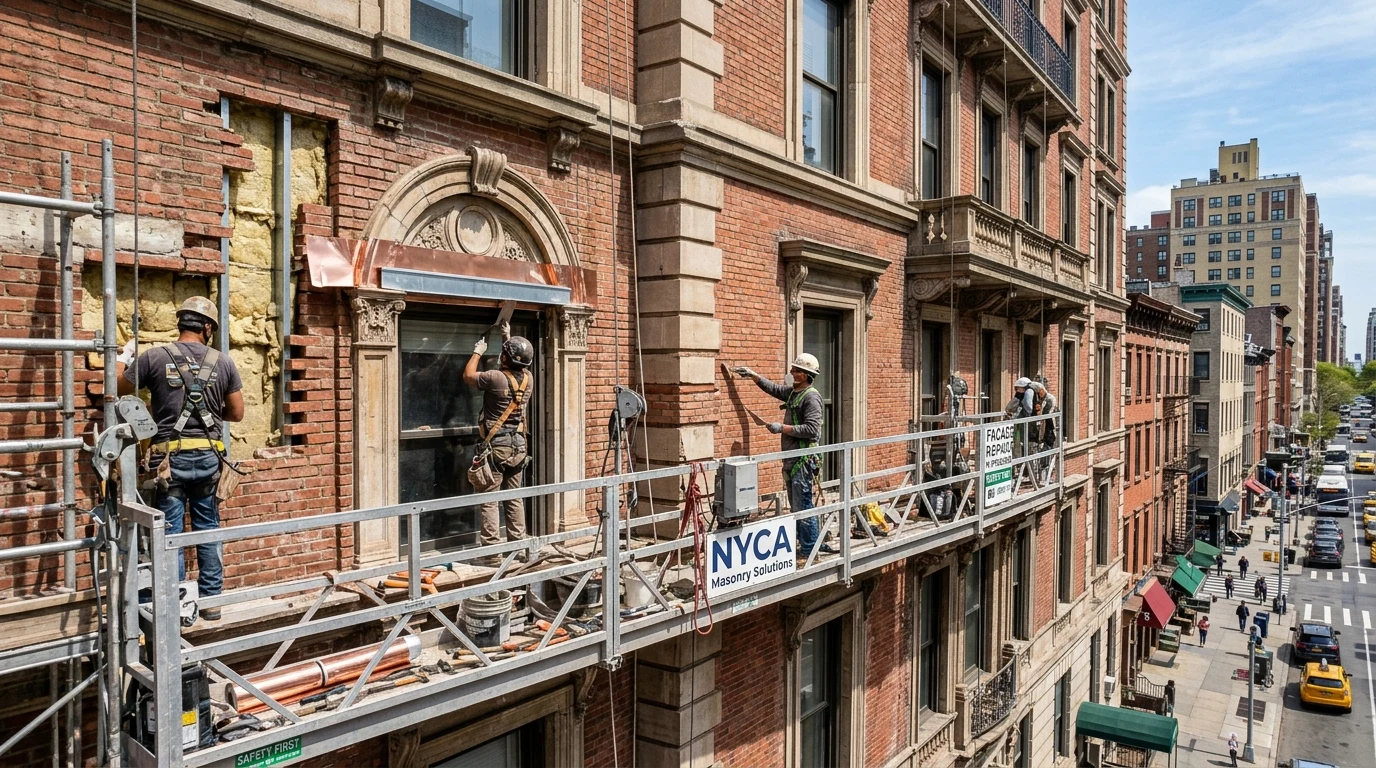 Exterior Facade Masonry Restoration and Suspended Scaffolding Repointing on Pre-War NYC Brick Building