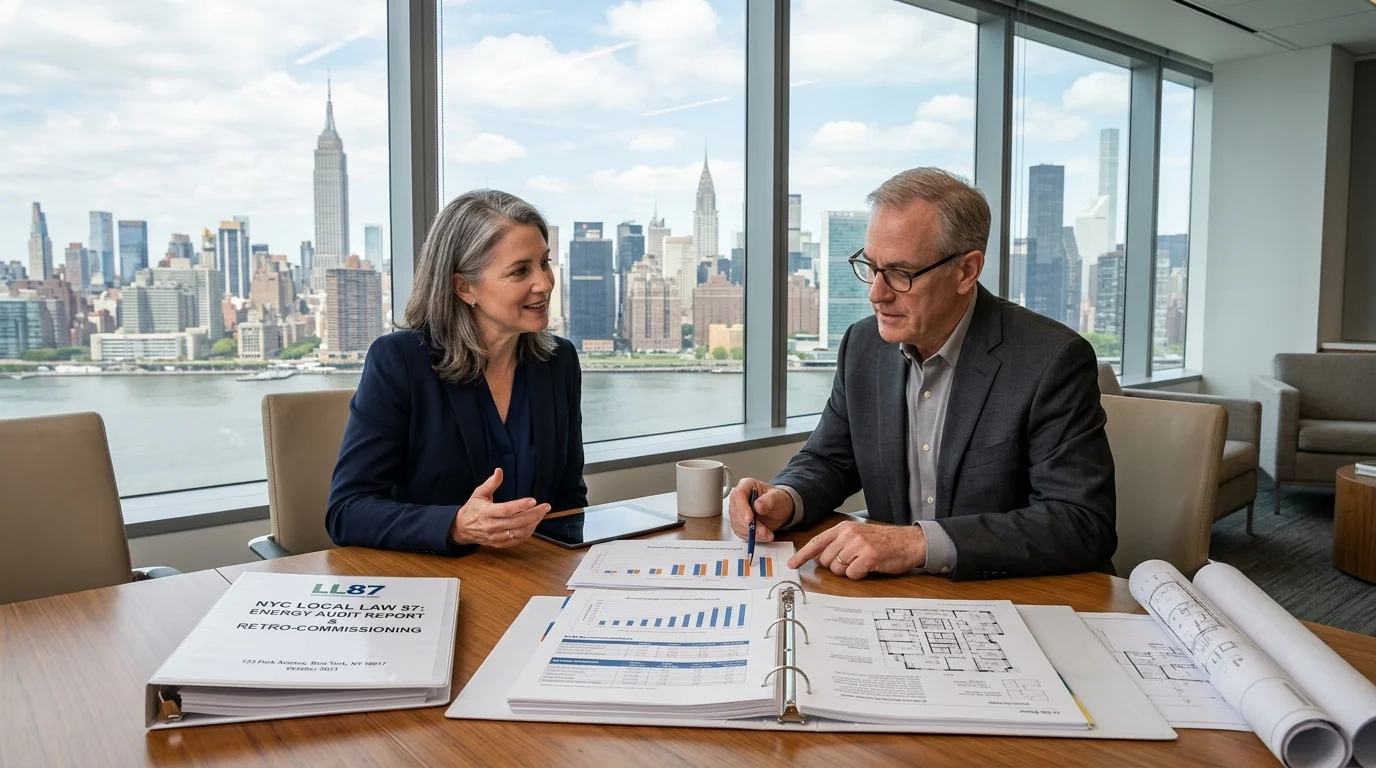 Building Owner and Senior Energy Engineer Reviewing NYC Local Law 87 Energy Audit Report