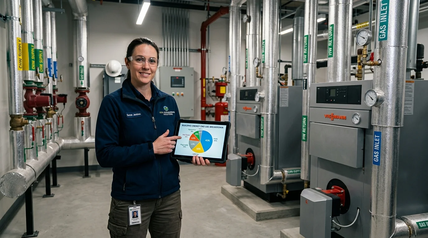 Energy Engineer Inspecting Commercial Heating Boilers and Displaying Building Energy End Use Breakdown