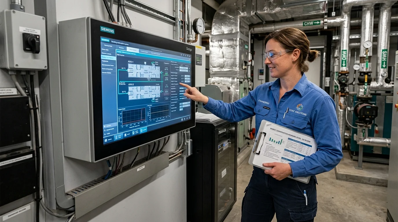 Operations Engineer Optimizing Digital HVAC Building Automation Control Panel for Energy Conservation Measures