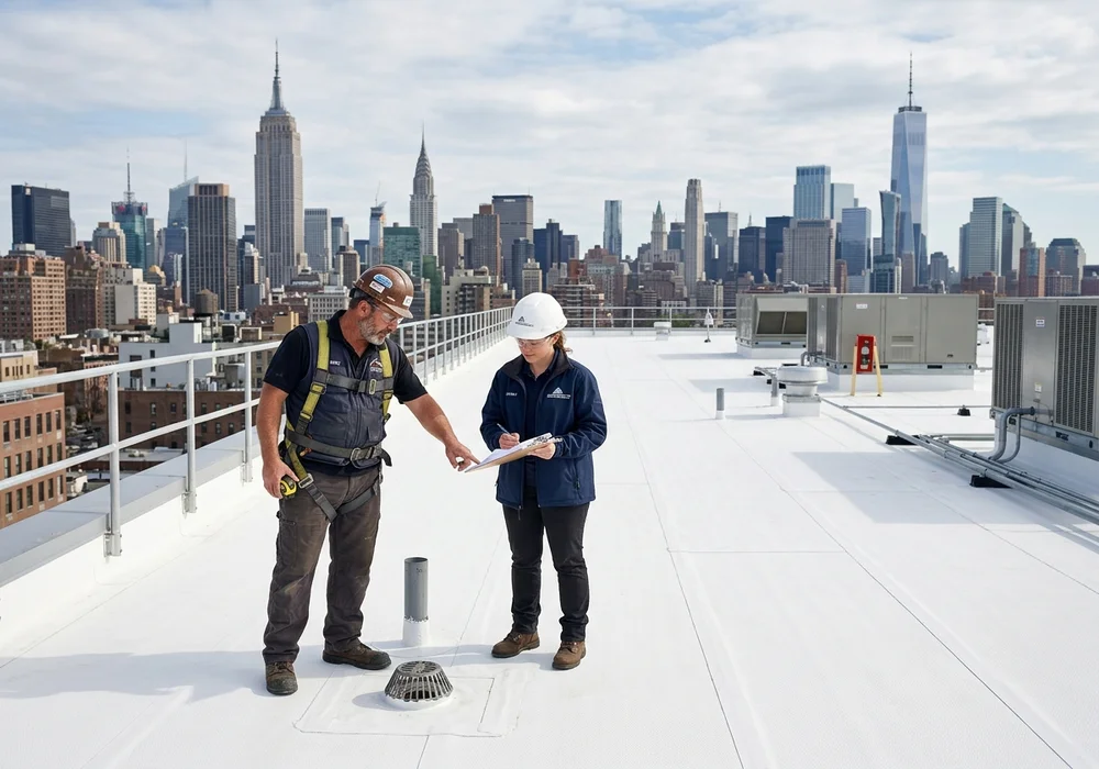Roofing Contractor and Building Engineer Inspecting High-Reflectivity White TPO Cool Roof on NYC Commercial Building