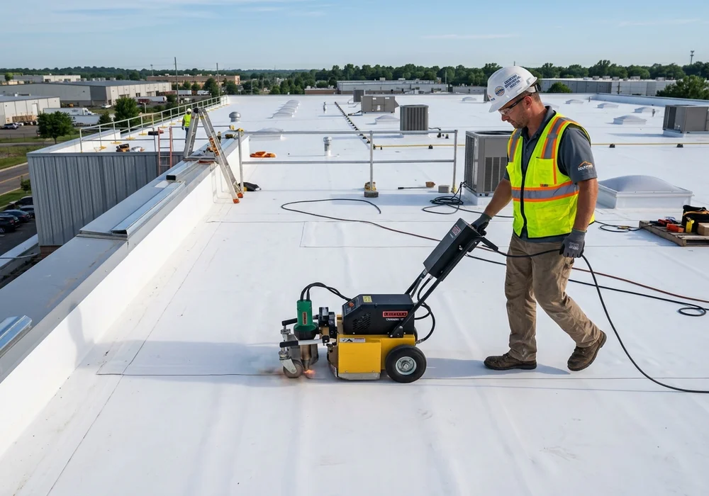 Certified Commercial Roofer Operating Hot-Air Robotic Seam Welding Machine on White Single-Ply Membrane