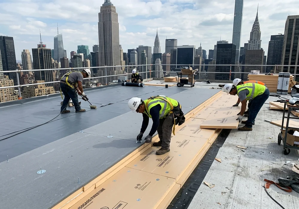 Commercial Roof Assembly Construction with Polyiso Rigid Board Insulation Layers and High-Density Cover Board