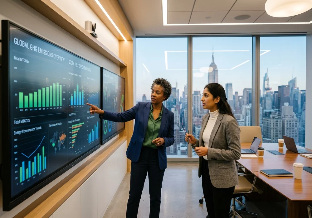 Corporate Sustainability Director and ESG Consultant Reviewing Scope 1 2 and 3 Emissions Dashboard in NYC Commercial Office