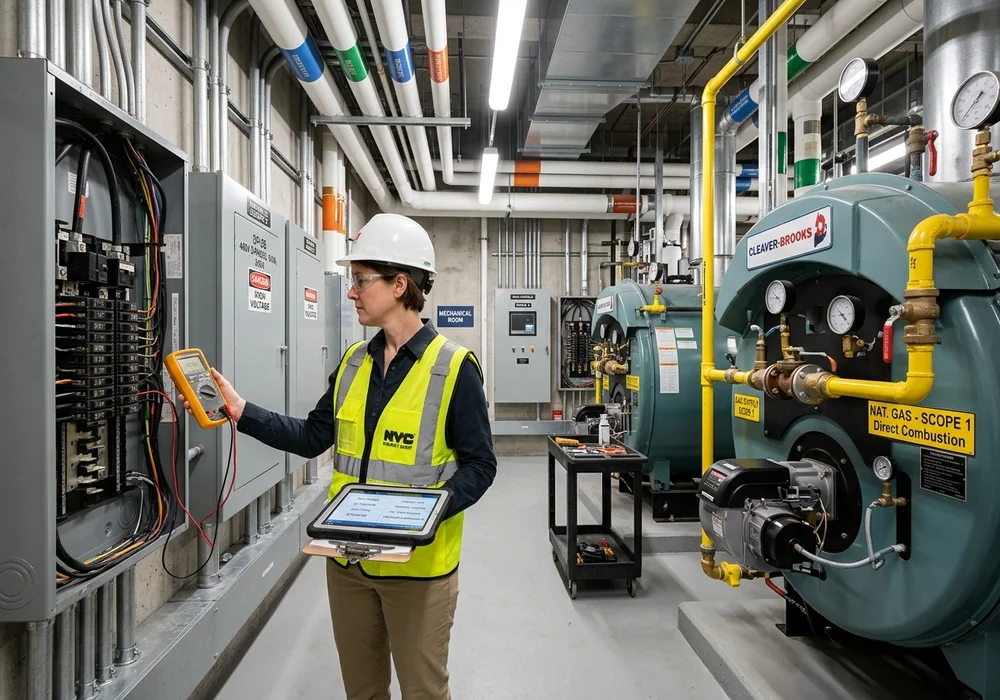 Energy auditor inspecting commercial building dual-fuel gas boiler and electrical distribution subpanels in NYC basement mechanical room