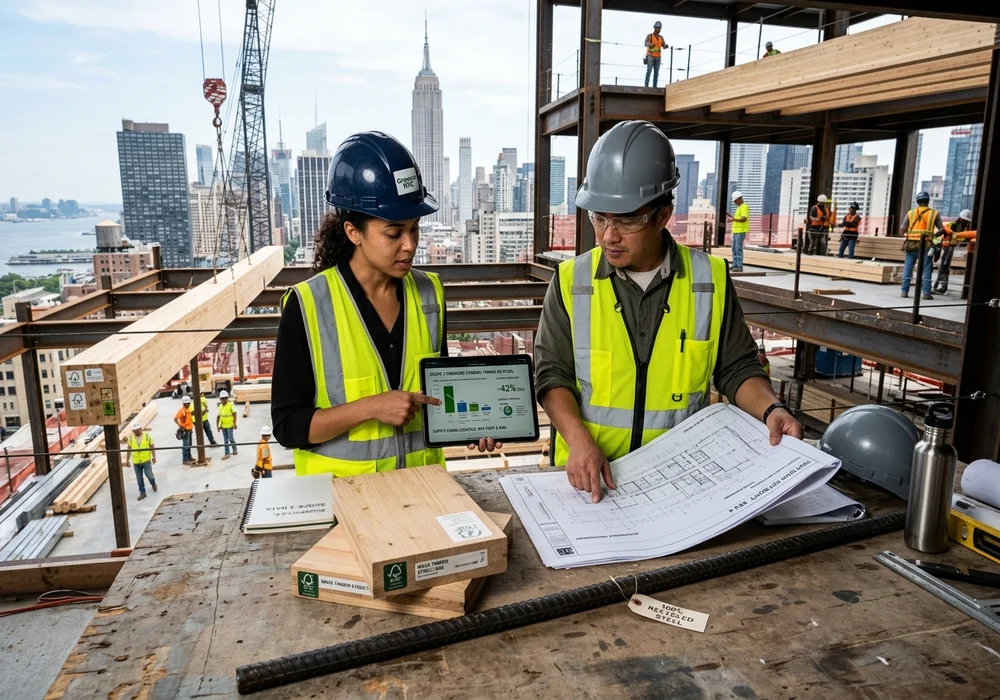 Architectural sustainability consultant and construction manager reviewing low-carbon timber and recycled steel for NYC commercial retrofit project