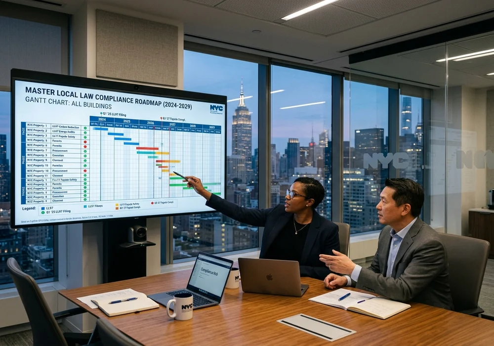 Engineering Project Manager and Building Owner Reviewing Master Local Law Compliance Roadmap and Gantt Chart in NYC Boardroom