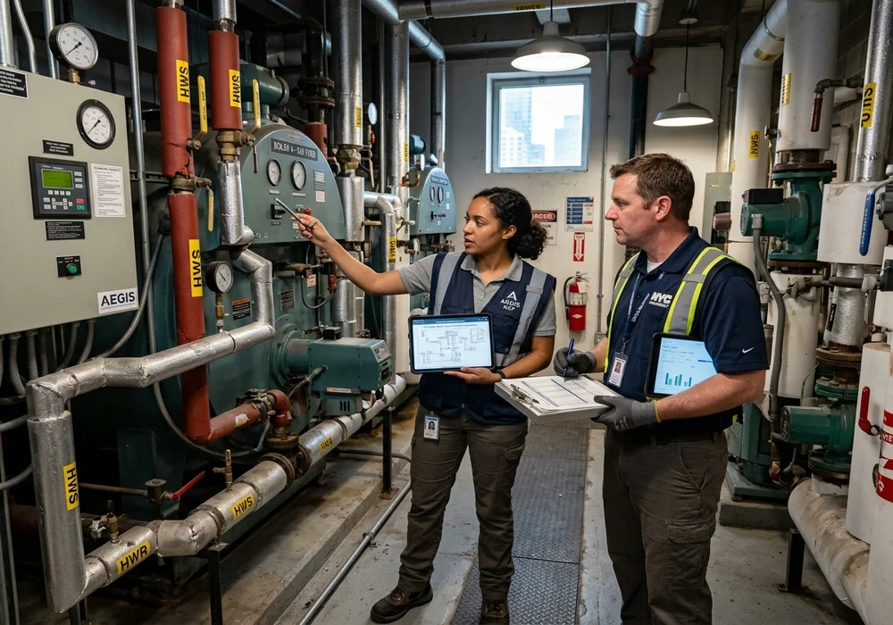 MEP Engineer and Facility Manager Conducting Energy Assessment and Equipment Survey in Commercial Boiler Room