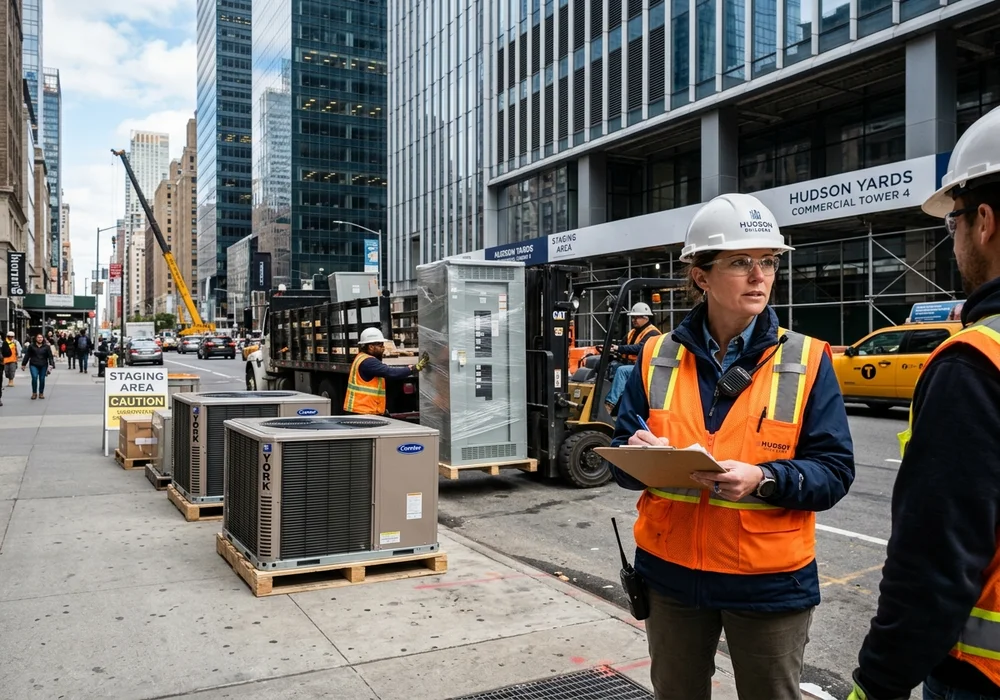 Construction Manager Coordinating Electrical Panel and HVAC Equipment Delivery Staging at NYC Commercial Property