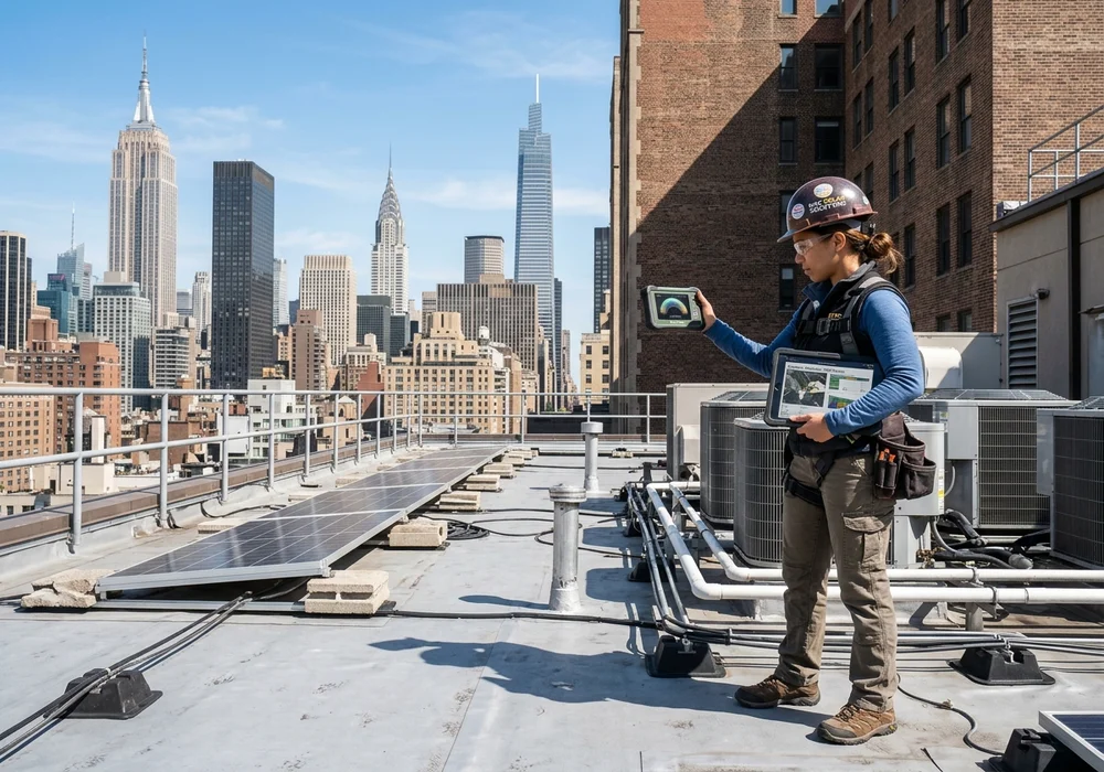 Solar Photovoltaic Engineer Using Digital Solar Pathfinder Tool to Measure Rooftop Shading on NYC Commercial Flat Roof