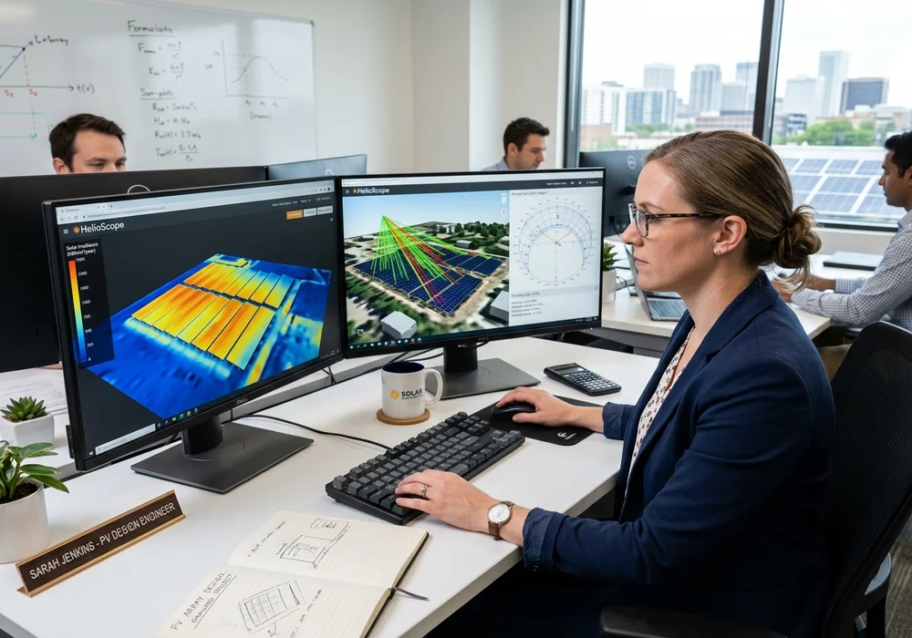 Solar PV Design Engineer Analyzing 3D Solar Irradiance Heatmap Simulation and Sun-Path Ray Tracing on Workstation