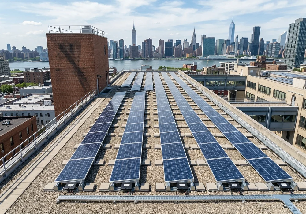 Commercial Rooftop Ballasted Solar PV Array with Microinverters and Optimized Inter-Row Spacing Overlooking NYC Skyline