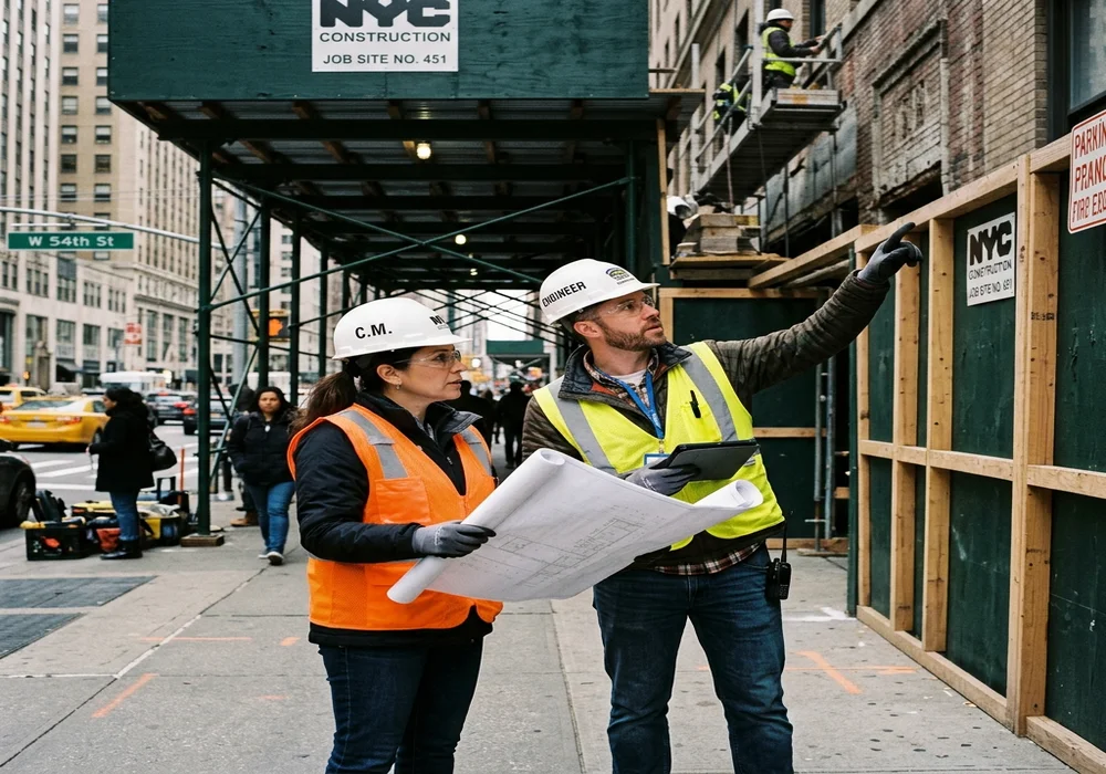 Engineers and building managers reviewing facade repair scaffolding plans in NYC