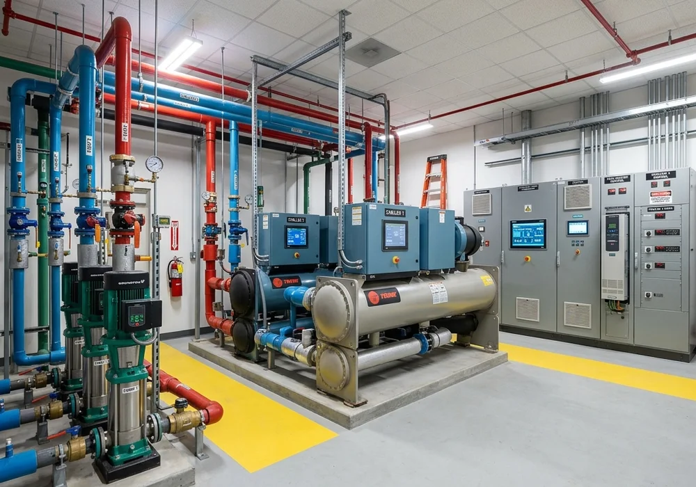 Modern commercial building mechanical room with energy efficient chillers and electrical panels