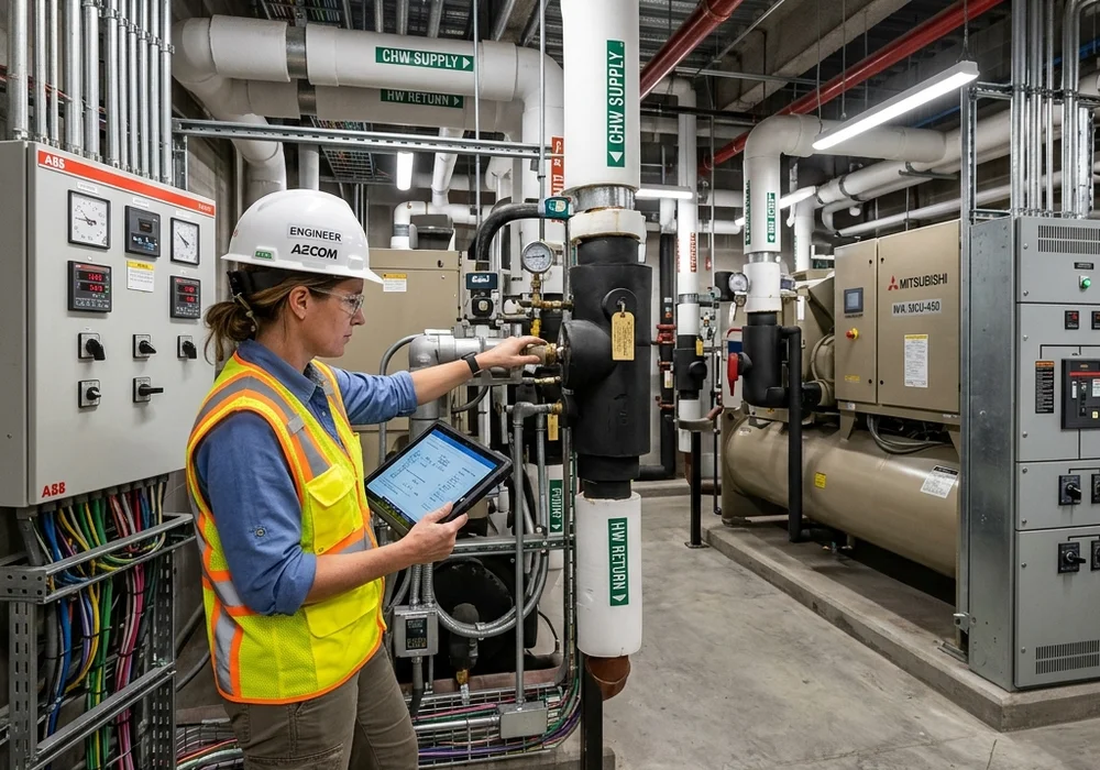 Professional engineer inspecting commercial MEP equipment in boiler and chiller facility