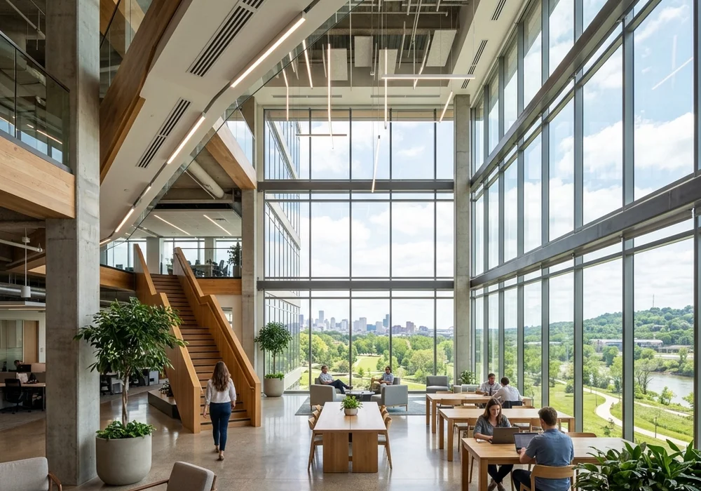 Modern energy efficient commercial office environment with optimal indoor climate and lighting control
