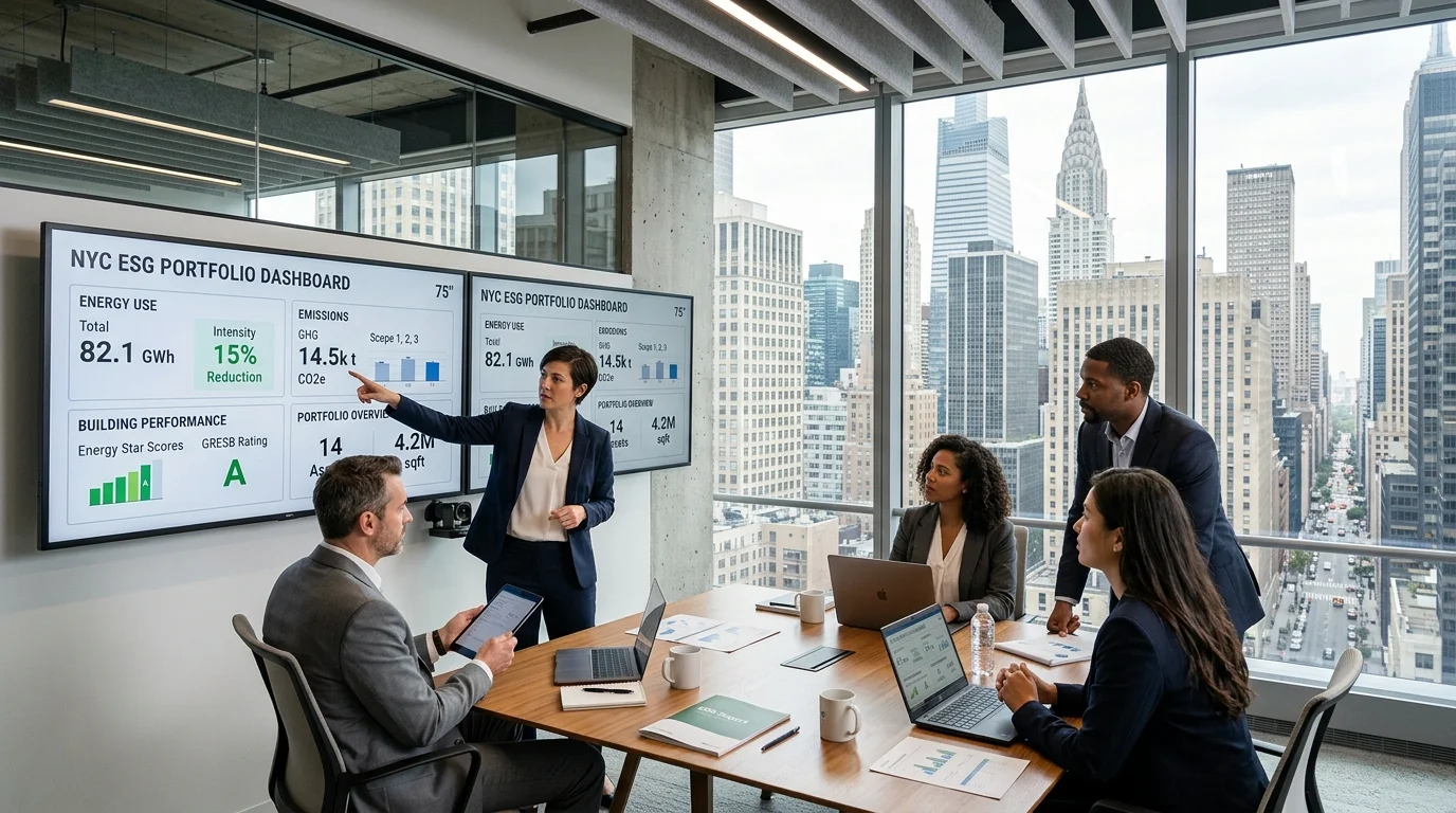 Real Estate Asset Managers Reviewing Simple ESG Portfolio Dashboard in New York Office