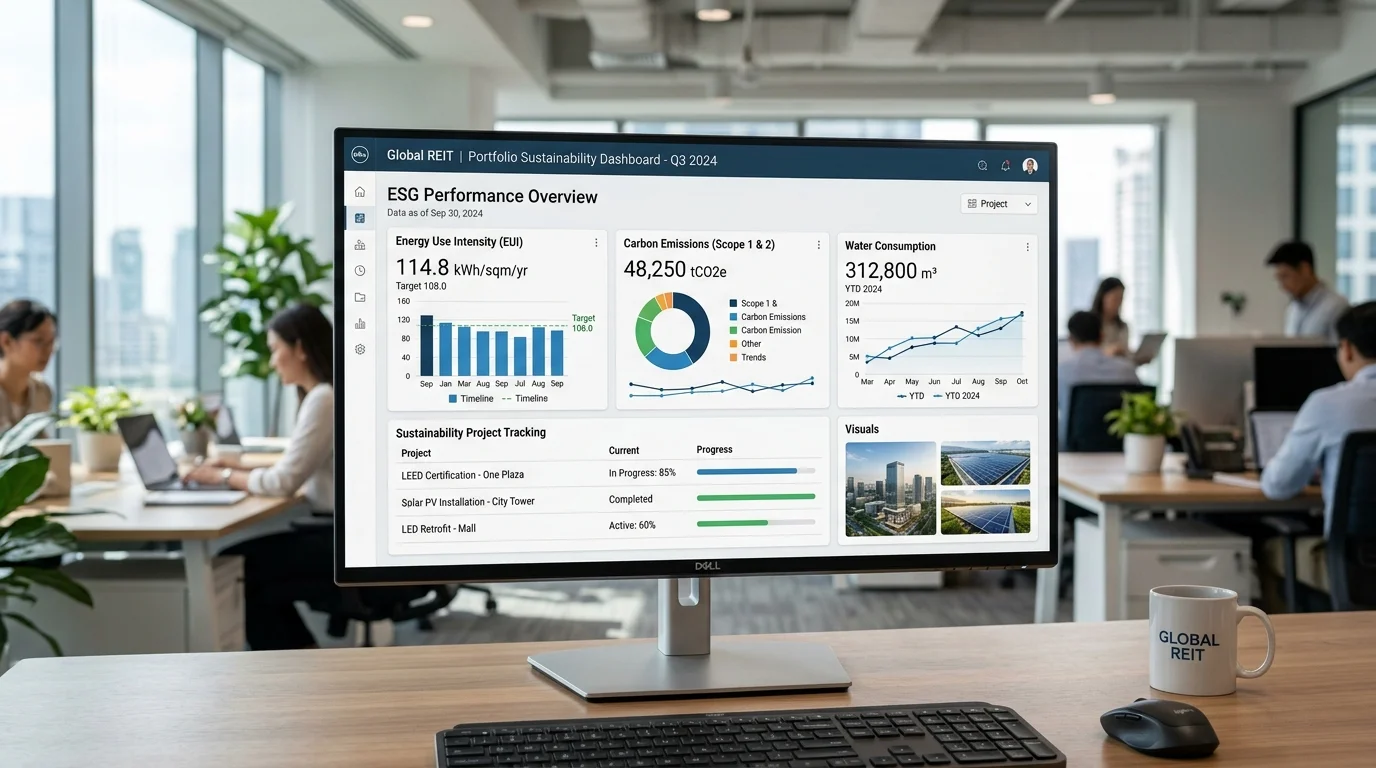 Commercial Real Estate ESG Performance Dashboard Showing EUI, Carbon Emissions, and Water Consumption