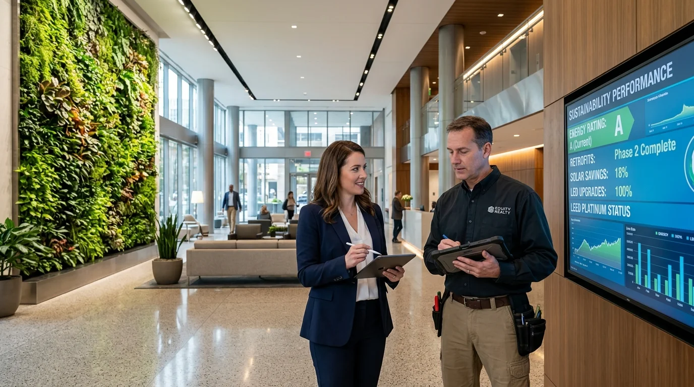 Asset Manager and Building Engineer Reviewing Sustainability Performance and Retrofits in Building Lobby
