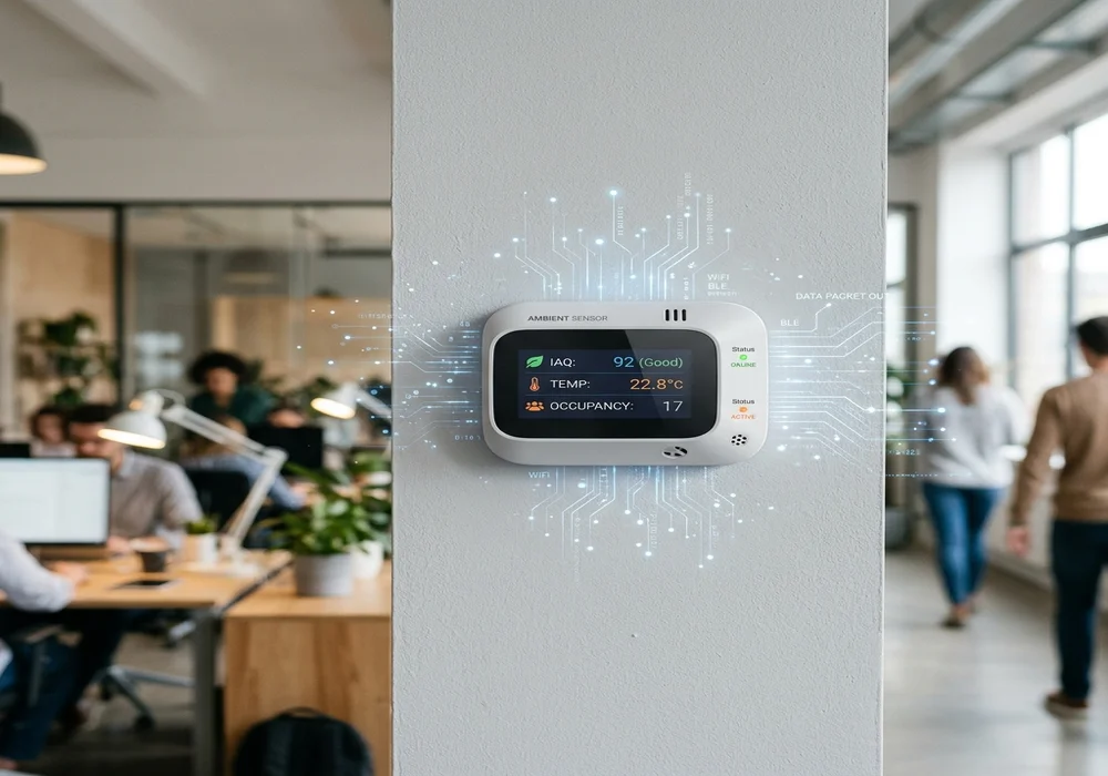 Sleek wireless IoT occupancy and environmental sensor installed on office wall
