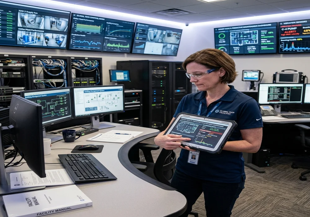 Facility engineer monitoring automated HVAC control systems and predictive maintenance data on tablet