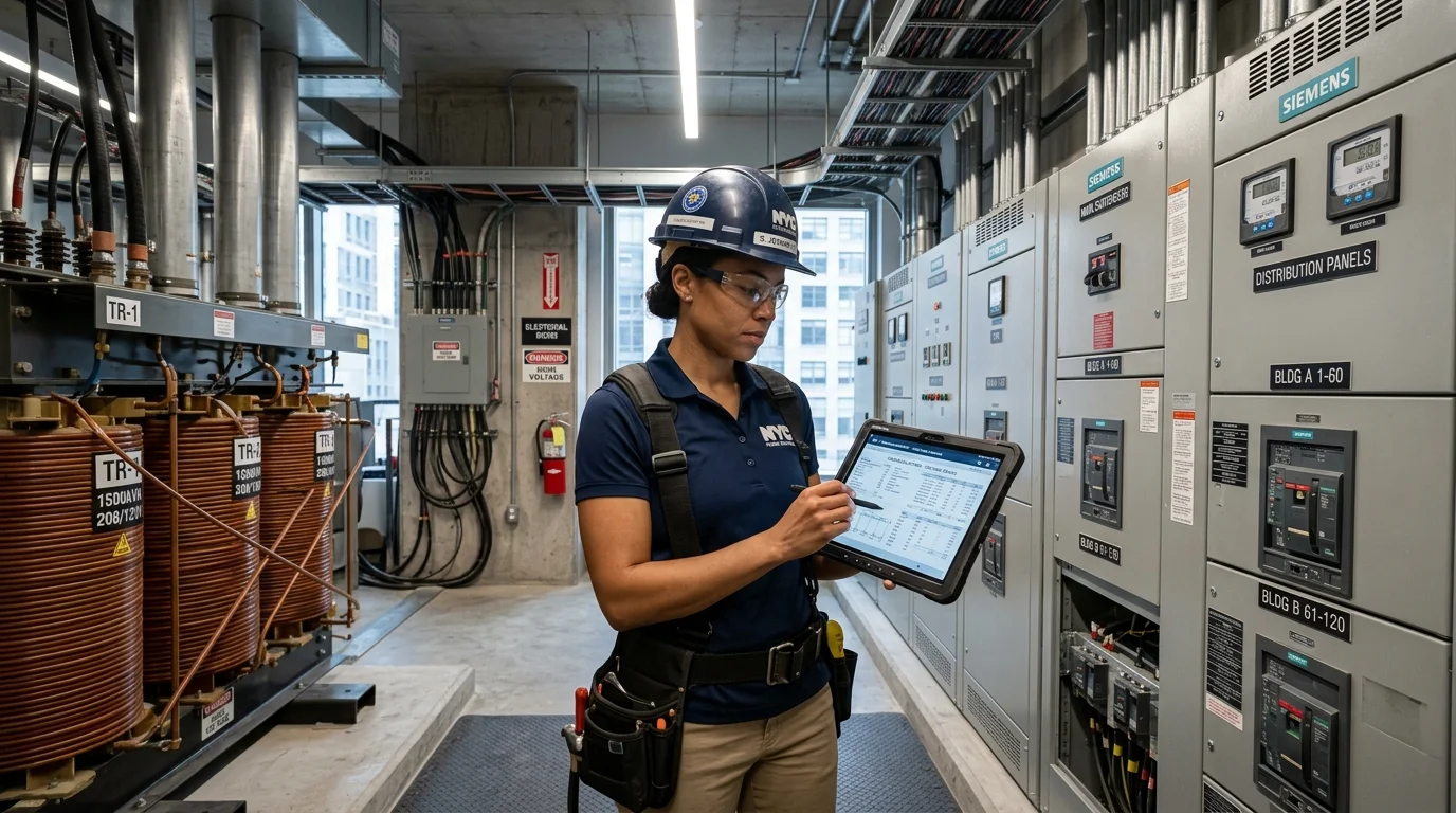 Electrical Engineer Inspecting Multifamily Building Main Switchgear and Service Room for EV Capacity