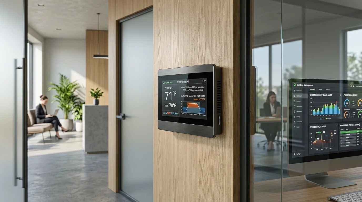 Modern Wall Mounted Commercial Smart Touchscreen Thermostat in Office Reception with BMS Screen Reflection