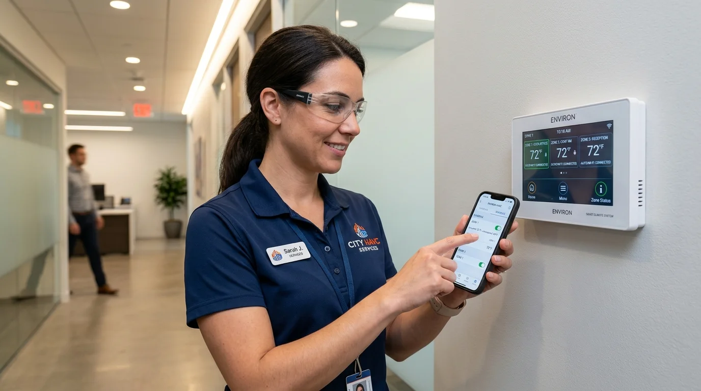 HVAC Technician Configuring Commercial Smart Thermostat with Mobile App in Modern Office Corridor
