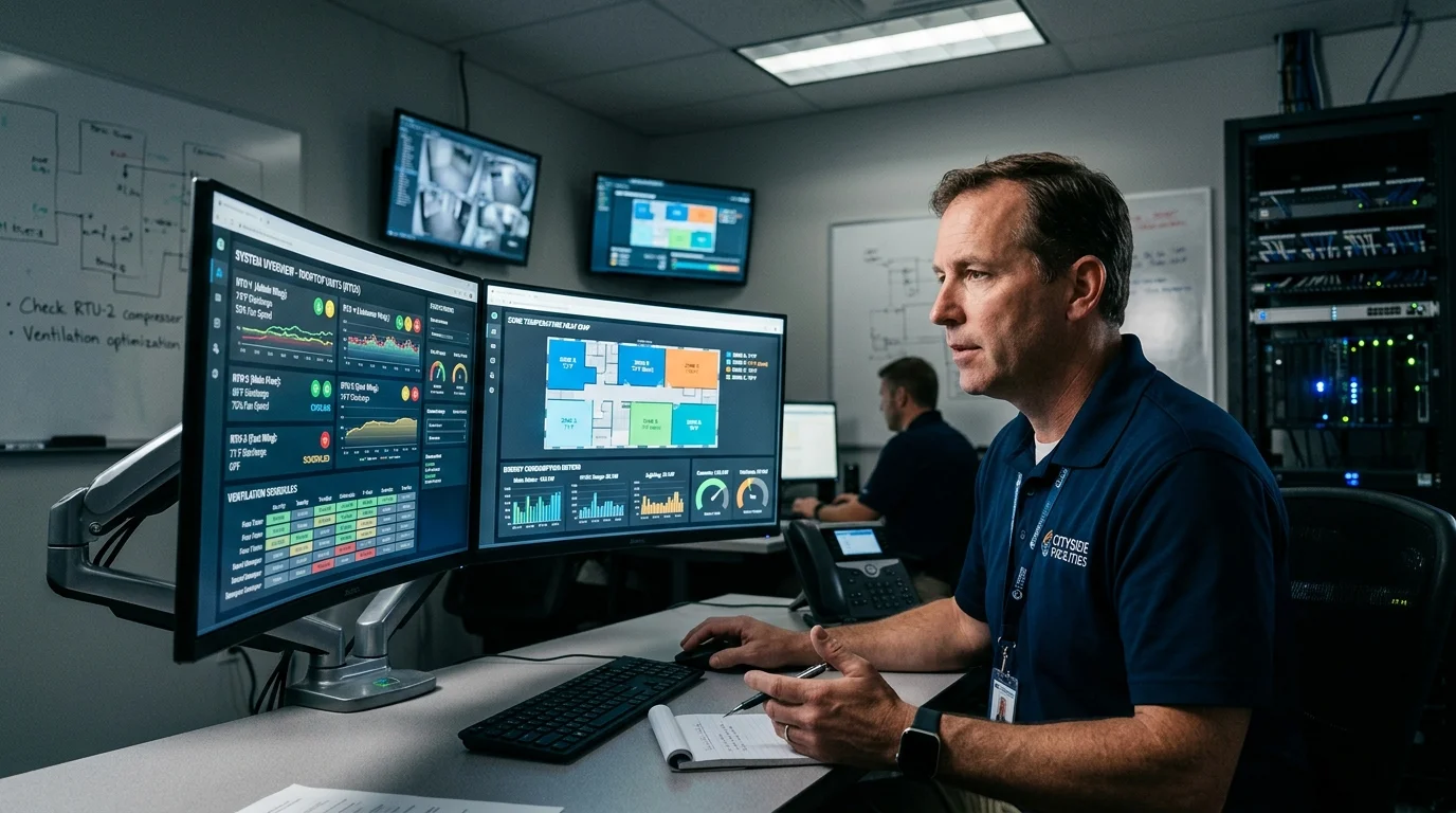 Facilities Manager Monitoring Commercial Building Management System BMS Automation Dashboard on Dual Screens