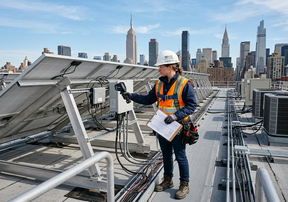 Structural engineer inspecting NYC commercial rooftop for solar panel feasibility