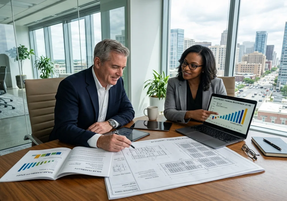 Commercial property owner reviewing solar feasibility study ROI spreadsheet