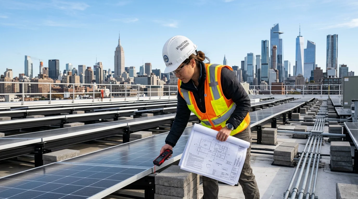 Structural Engineer Inspecting Ballasted Solar Panel Rooftop Array in NYC