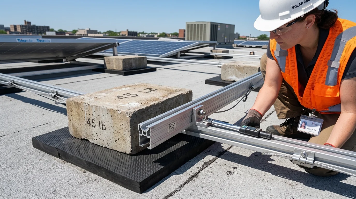 Technical Detail of Rooftop Solar Ballast Blocks, Mounting Rails, and Membrane Protection Pads