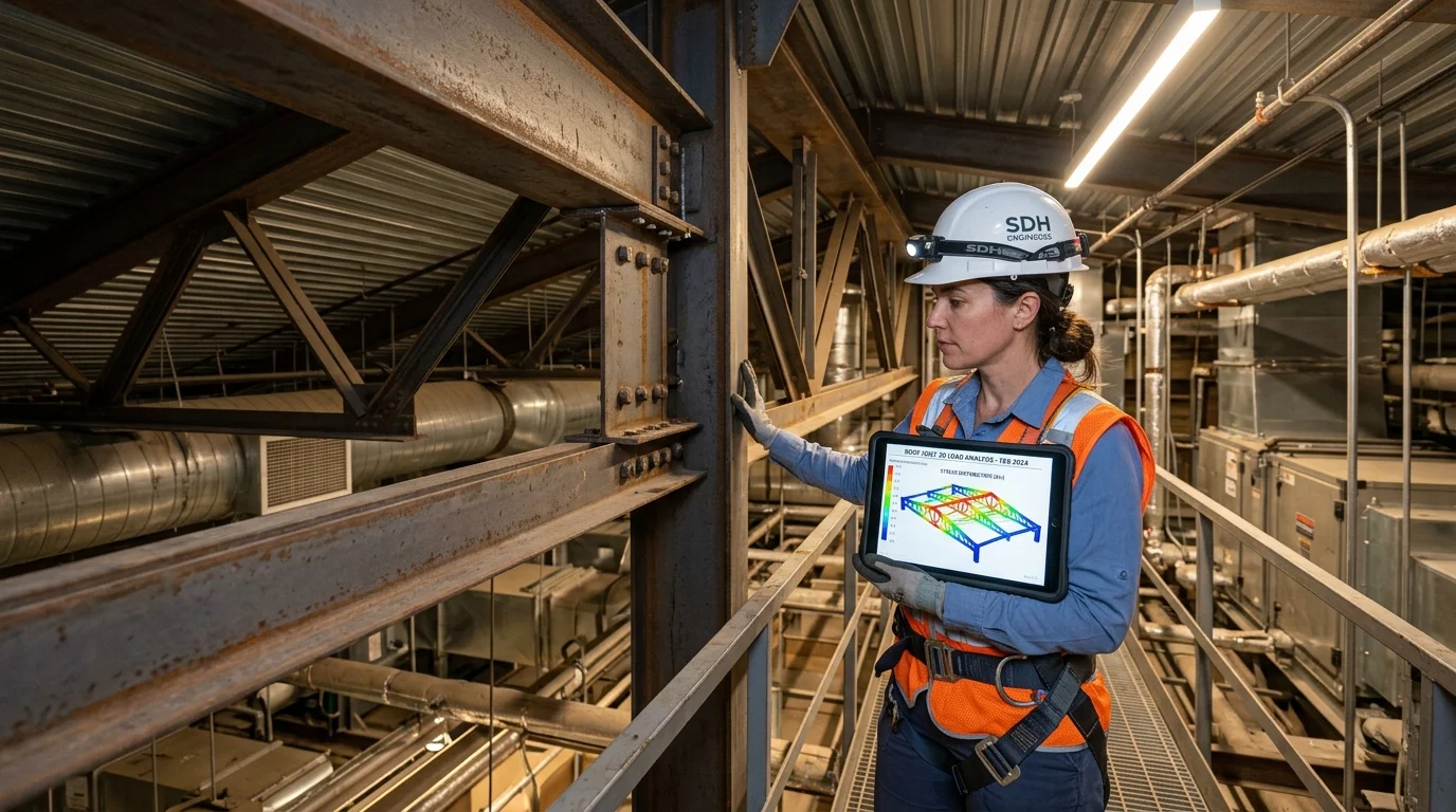 Structural Engineer Inspecting Commercial Steel Roof Joists and Framing Structure with Digital Tablet