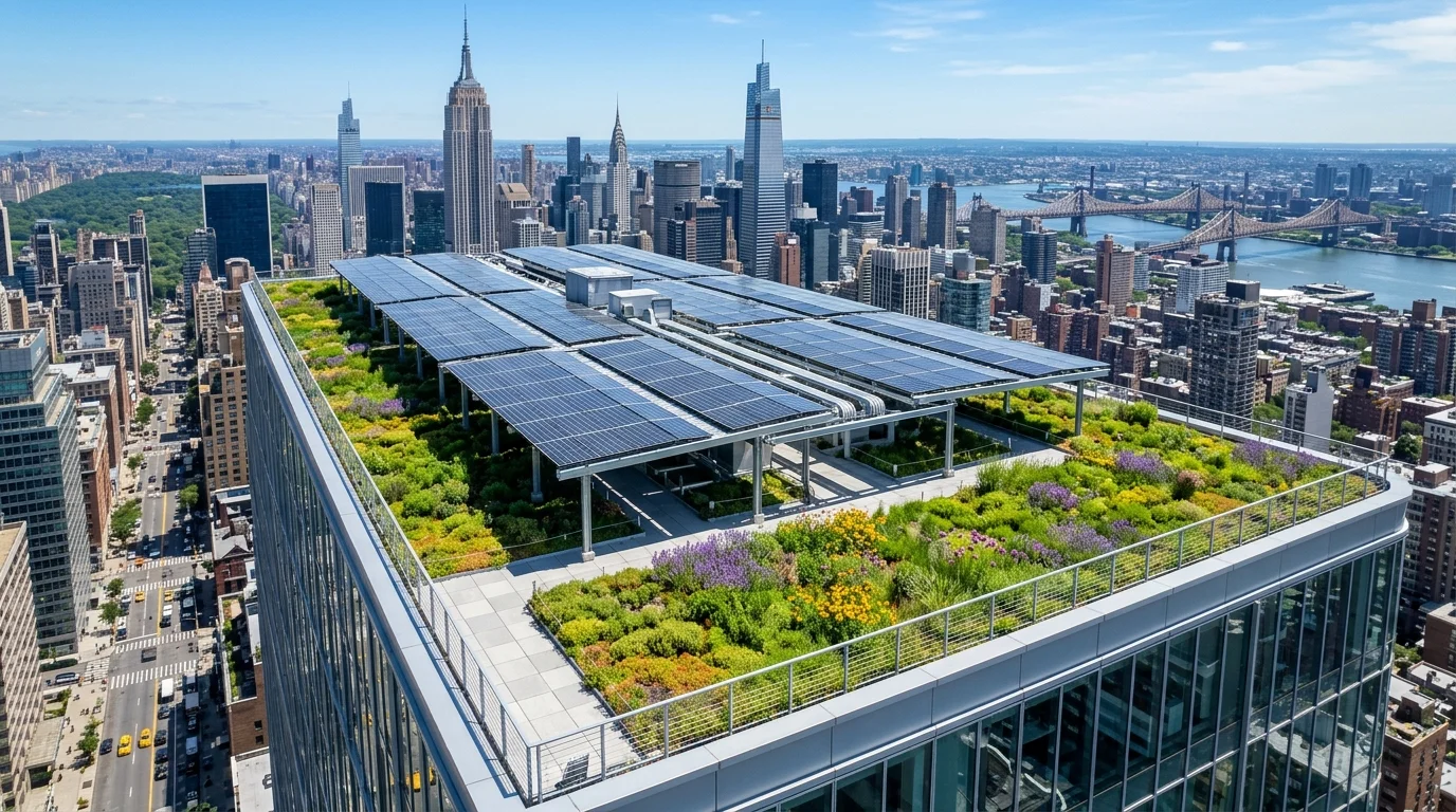 Modern NYC commercial building rooftop featuring integrated biosolar roof with solar panels above sedum vegetation