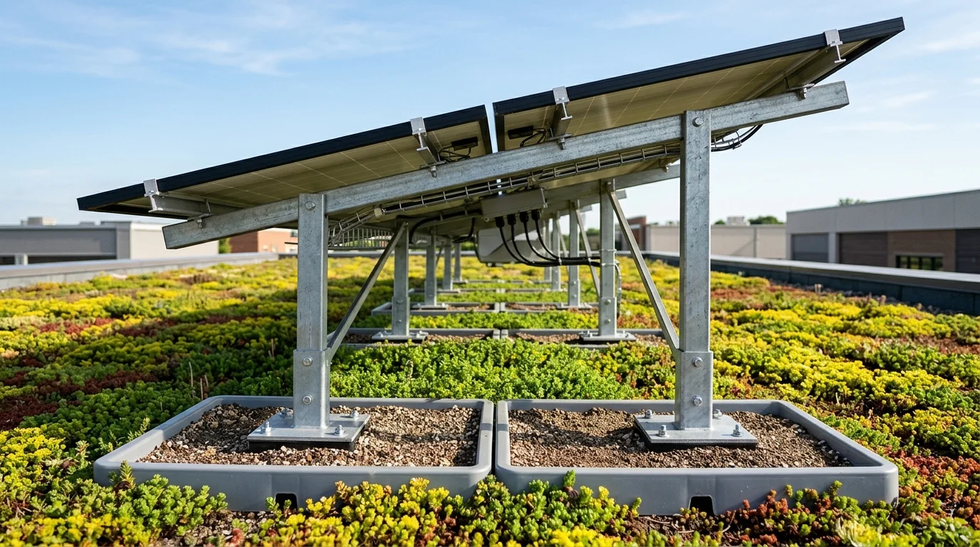 Close-up of elevated solar panels mounted on ballast footings above extensive sedum green roof vegetation