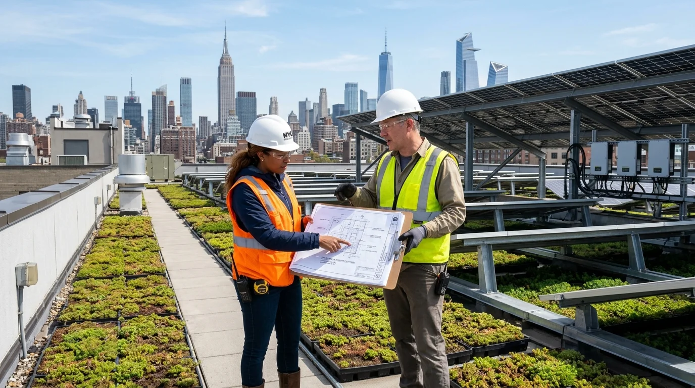 Building engineers reviewing rooftop blueprints on a commercial NYC building with biosolar panels and green roof sedum trays