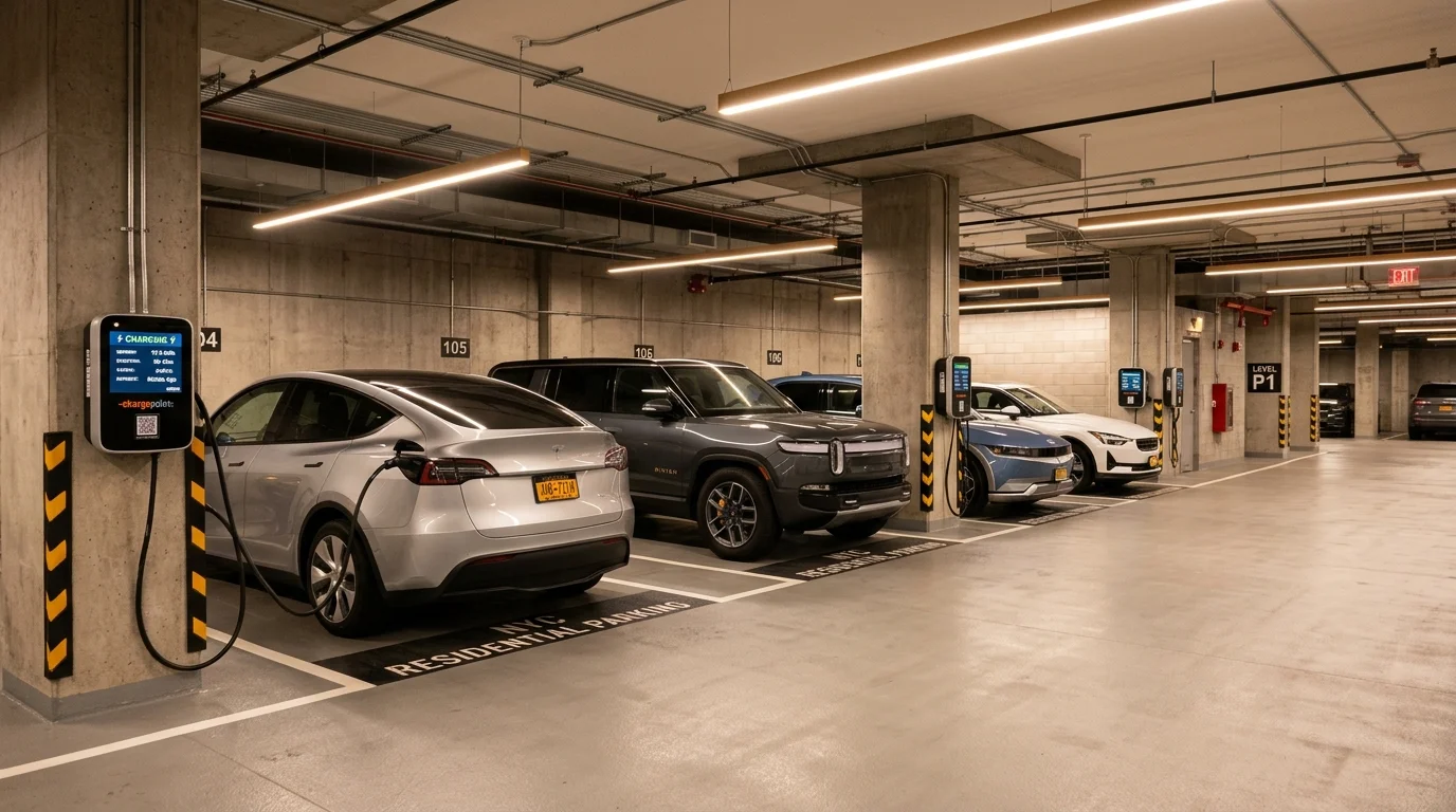 Modern residential parking garage in NYC with electric vehicles plugged into Level 2 chargers