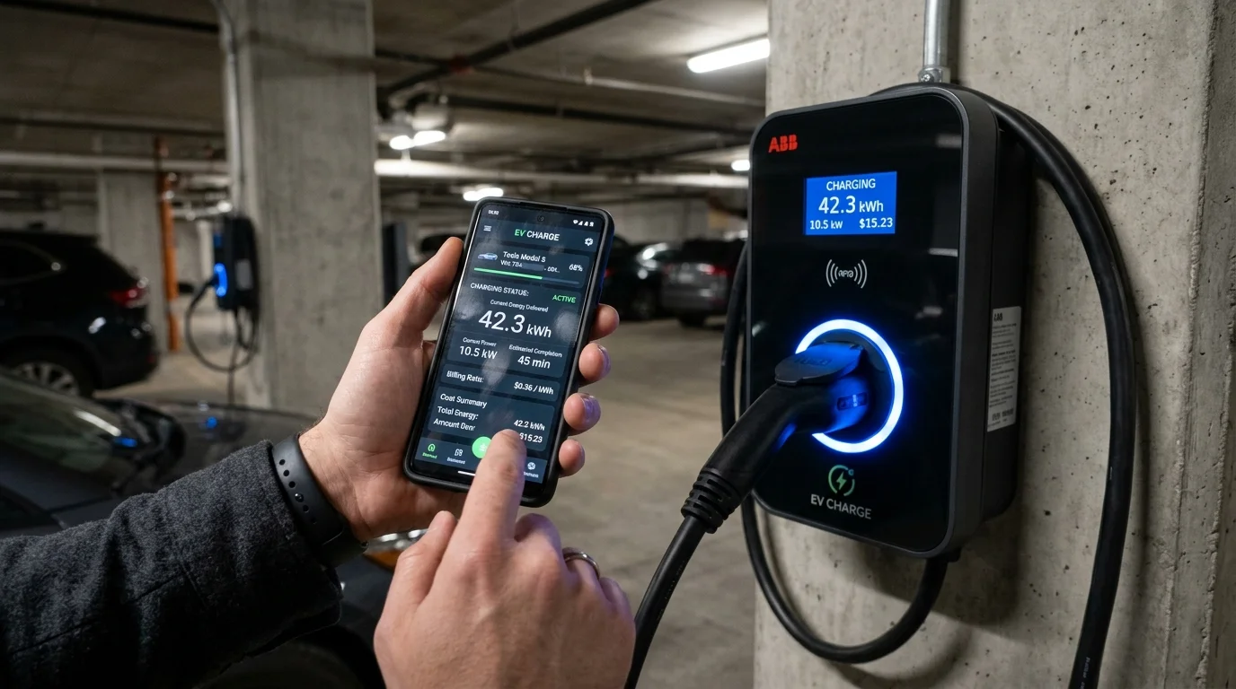 Driver using smartphone app to initiate EV charging and view session kWh billing breakdown