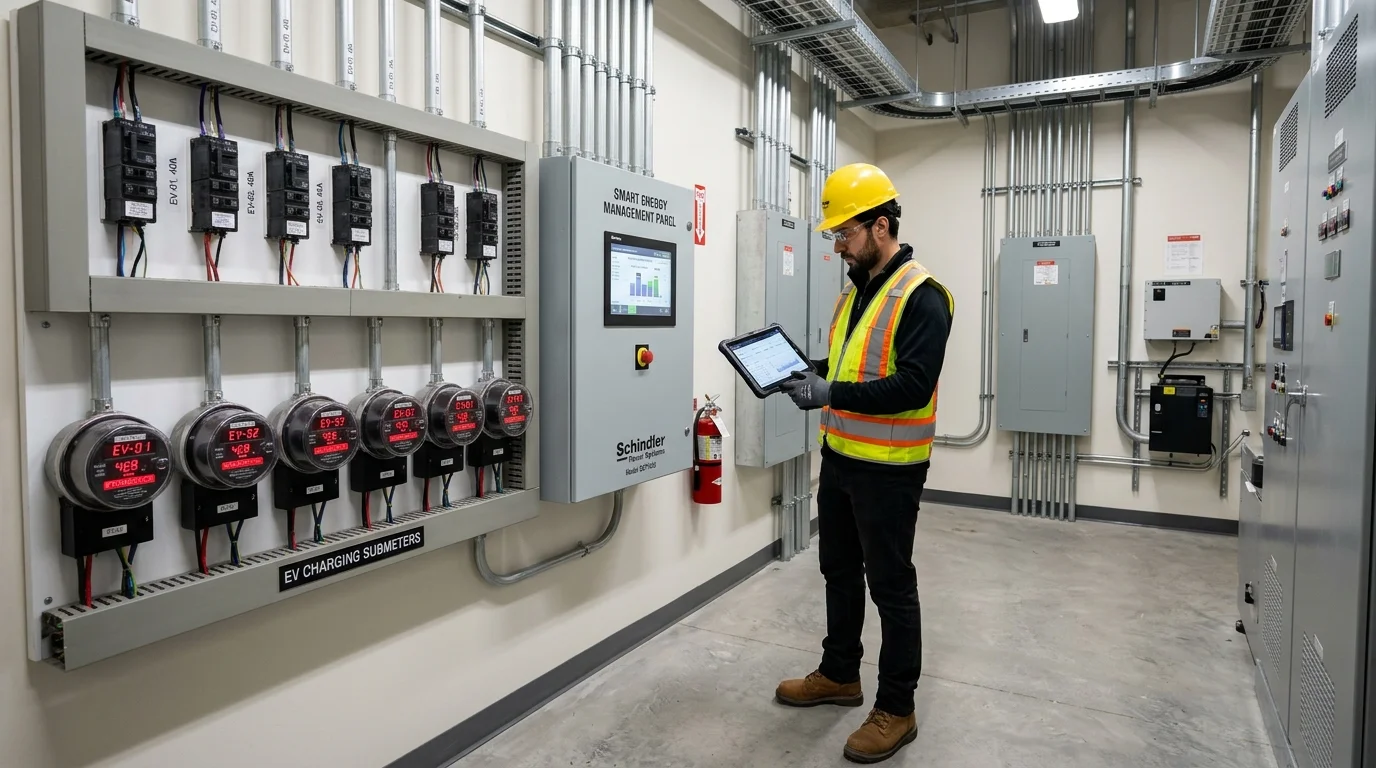 Building electrical room with EV charging submeters and smart load management controller panels