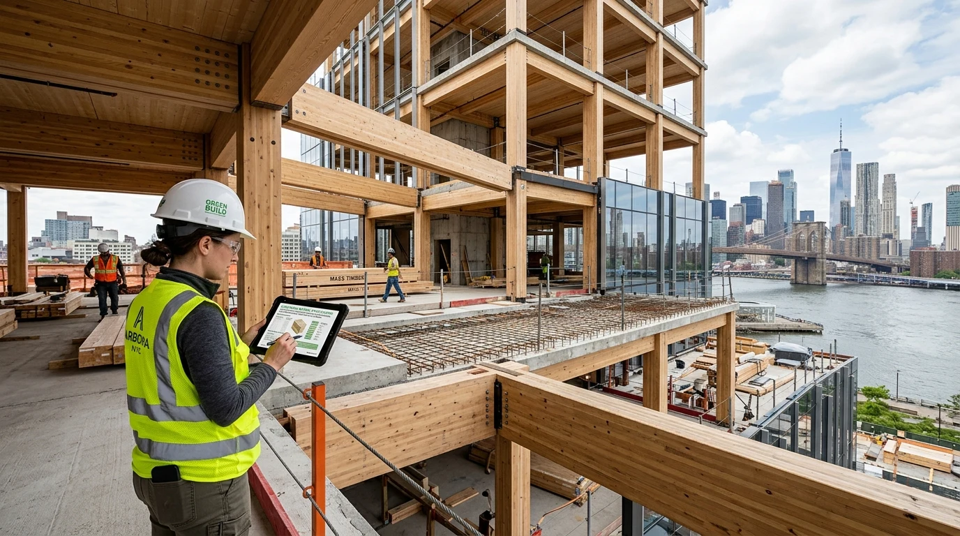 Construction Engineer Reviewing Sustainable Low-Carbon Materials and Timber Structure on NYC Green Building Project