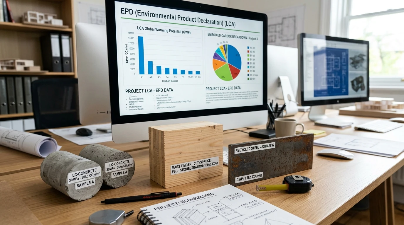 Architectural Office Desk with Material Samples and Environmental Product Declaration EPD Life-Cycle Carbon Assessment